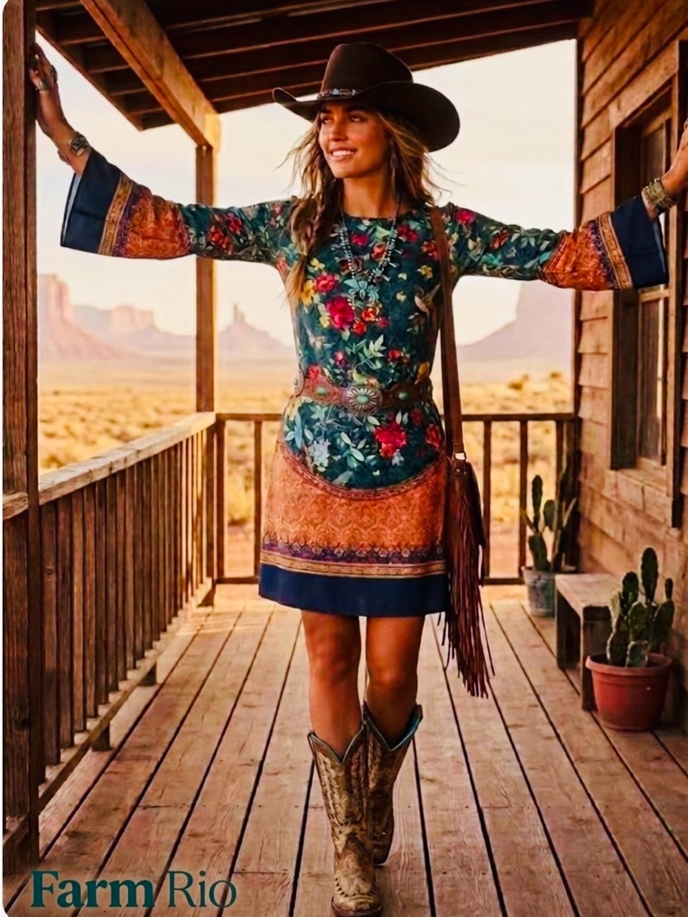 Farm Rio Boho Birds and Floral Border Print Tunic Dress